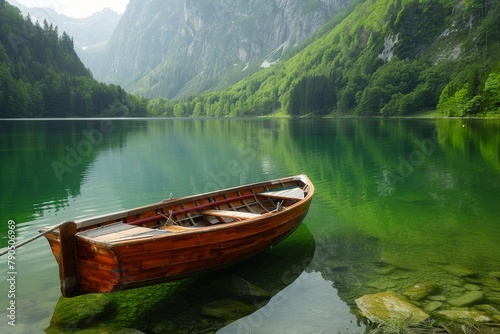 Green boat on calm lake water surrounded by forest