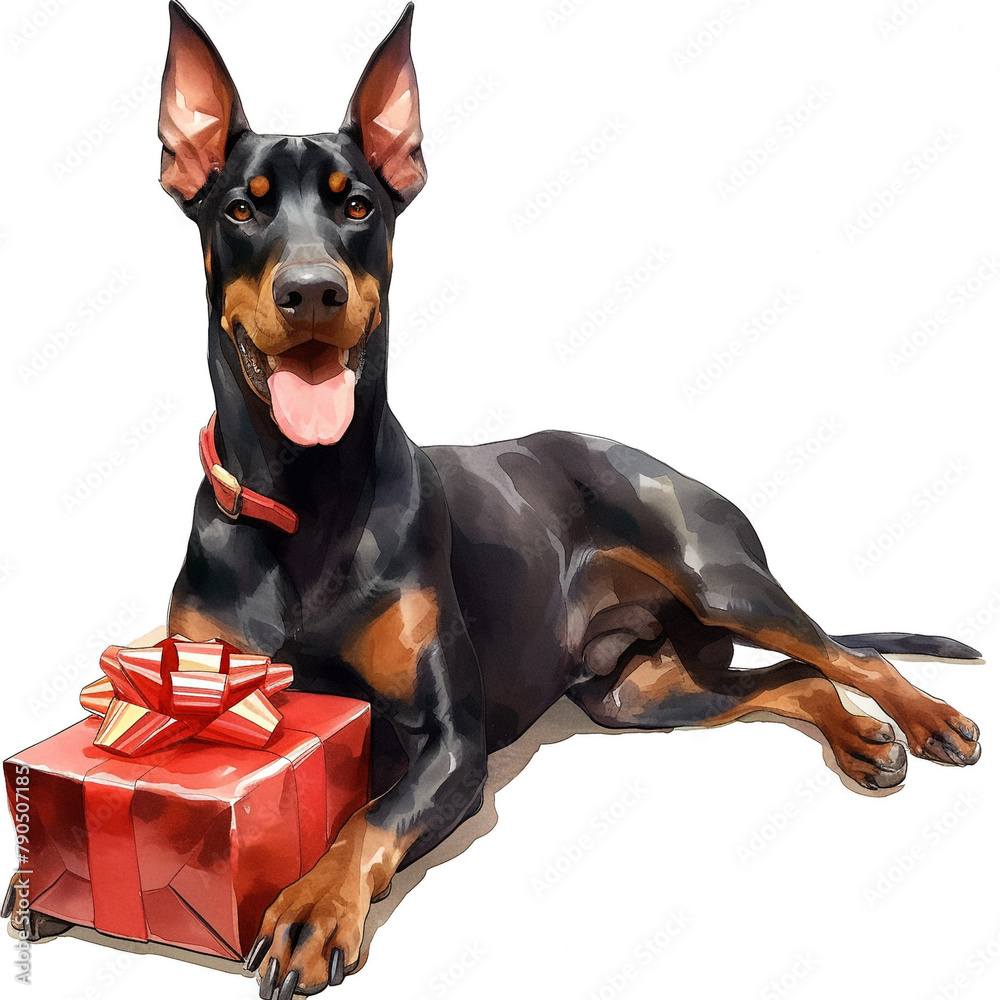 Cute Doberman Pinscher With Gift Box In Watercolor