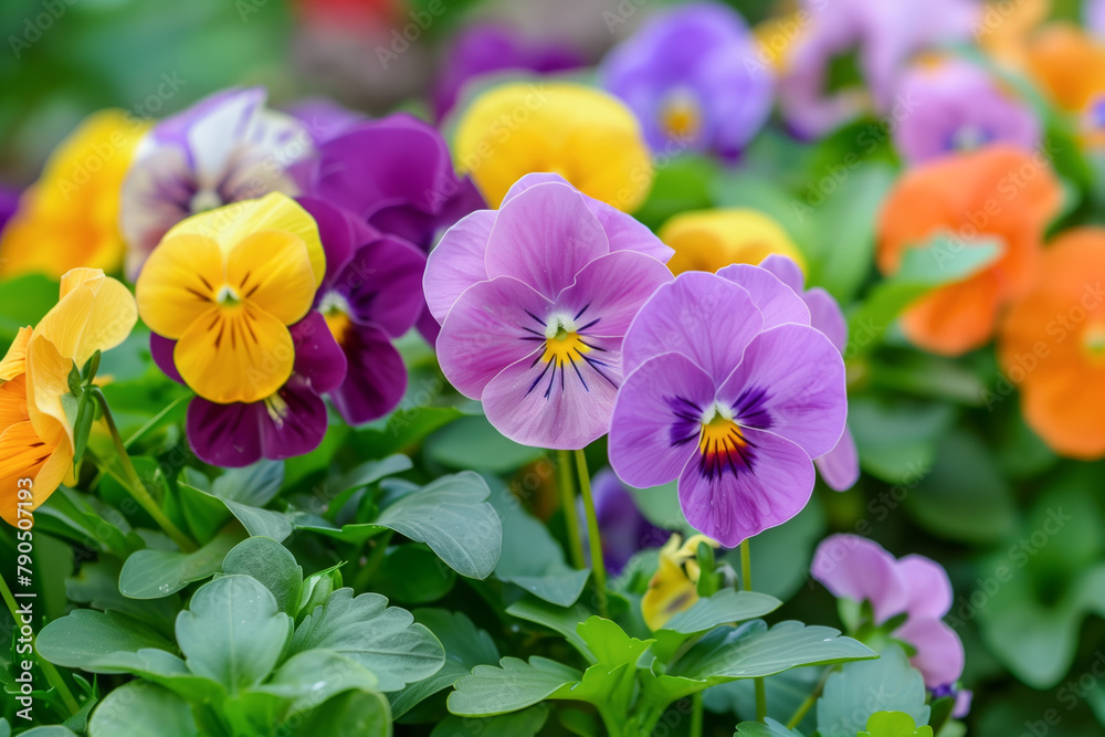 Colorful Pansy Flowers in the Garden, spring flower background with purple, yellow and orange pansies in a garden bed Colorful Pansy Flowers in the Garden, spring flower background with purple, yellow and orange pansies in a garden bed