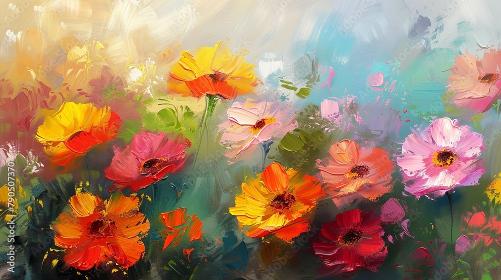 Beautiful floral background. Colorful flowers. Oil painting. Abstract art background.