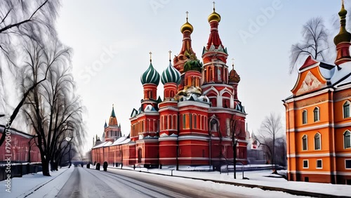  Snowy day at the iconic St Basils Cathedral in Moscow photo