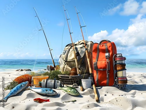 Fishing Gear and Camping Supplies on Idyllic Beach with Ocean View © T