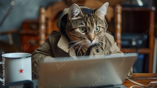 Tabby Cat Working Remotely on Laptop in Cozy Home Office Setting
