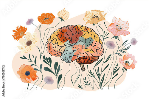 An artistic depiction shows a human brain entwined with colorful flowers, symbolizing a blend of science and nature
