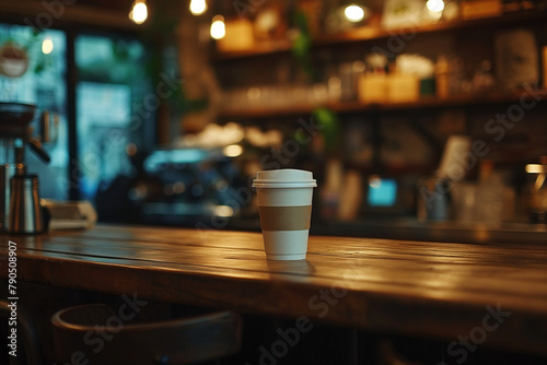 A to-go coffee cup sits on a wooden cafe counter, invitingly steaming in a warmly lit, cozy interior