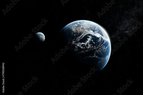 Earth and its moon appear as a serene pair in the vast cosmos, surrounded by stars in the darkness