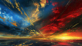 An abstract vision of a golden sunrise over a mystic land, where the sky transitions from deep blue to vibrant red,