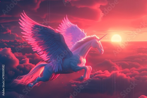 A majestic Hippogriff glides across a neon-lit sky, fusing mythical grace with 80s retro vibes in a surreal, dreamy landscape.