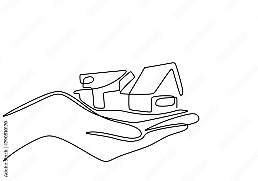 Continuous one line drawing of a hands holding a miniature house Continuous one line drawing of a hands holding a miniature house
