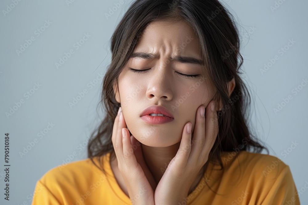 Asian girl touches sore throat, indicating pain from acid reflux or thyroid issue, highlighting need for medical attention. Asian girl touches sore throat, indicating pain from acid reflux or thyroid issue, highlighting need for medical attention.