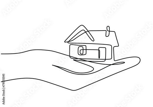 Continuous one line drawing of a hands holding a miniature house