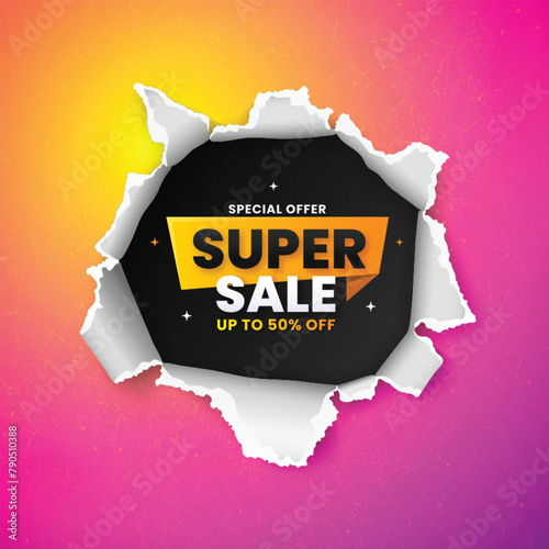 Super sale poster, sale banner on ripped paper background design template with 3d editable text effect