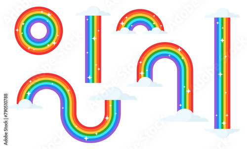 cute colorful rainbow stickers element diffrent shape with clouds illustration vector