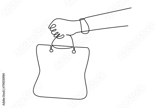 Continuous one line drawing of hand hold Shopping bag