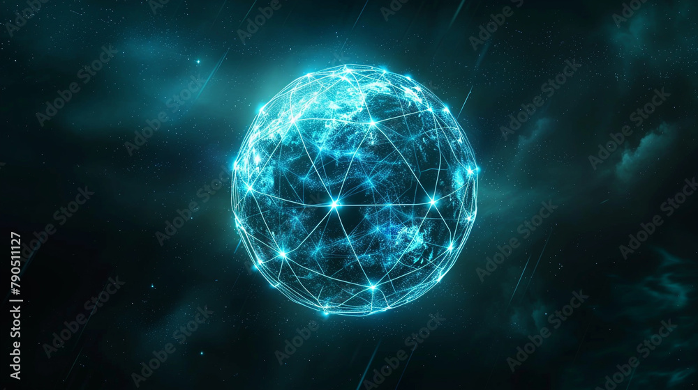 A high-definition image of a spherical structure composed of interconnected, glowing blue lines against a dark, abstract background A high-definition image of a spherical structure composed of interconnected, glowing blue lines against a dark, abstract background