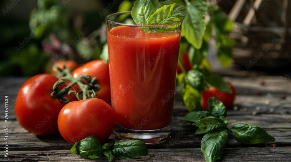 Glass of tomato juice surrounded by fresh tomatoes Glass of tomato juice surrounded by fresh tomatoes