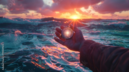 A hand holding a compass in front of a stormy sea at sunset.