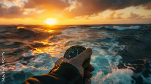 A hand holding a compass in front of the ocean during sunset. photo