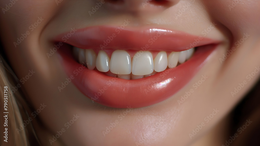 Fototapeta premium banner for dentistry, beautiful smile with straight white teeth of a young girl close-up. Design for dentistry industry.