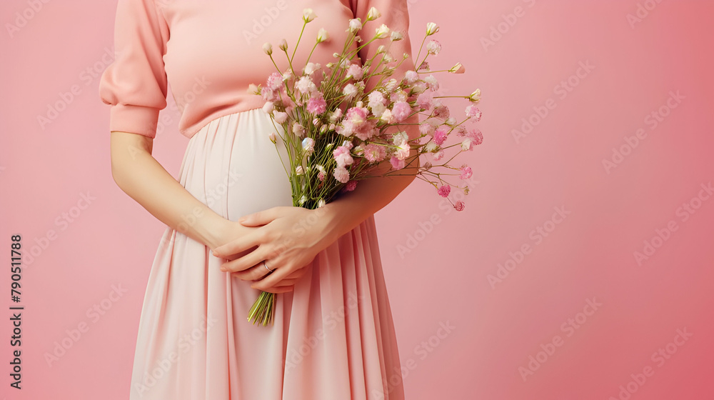 A pregnant girl in her last month is expecting a baby girl in a pink dress on a pink background holding flowers in his hands with copy space