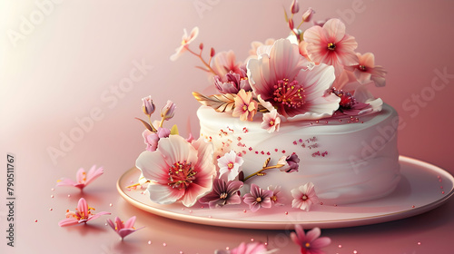 cake decorated with flowers on a pink background with copy space