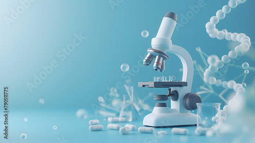 banner for chemistry courses, microscope and chemical elements in the laboratory on a blue background with copy space