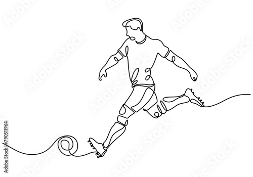 Continuous line drawing. Illustration shows football player kicks ball