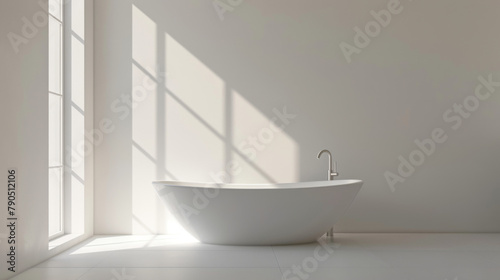 A modern minimalist bathroom basked in natural sunlight with soft shadows  featuring a standalone bathtub and large windows.