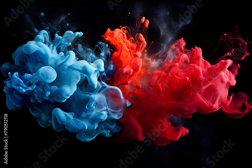 Acrylic blue and red colors in water. Ink blot. Abstract black background