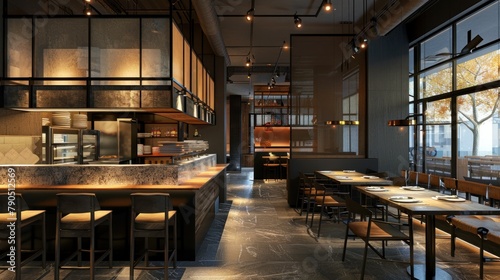 modern restaurant interior with sleek lines, minimalist dÃ©cor, and industrial accents, creating an ambiance of urban sophistication 