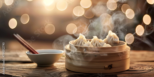 close up of steaming dumplings in a bamboo basket, generative AI photo