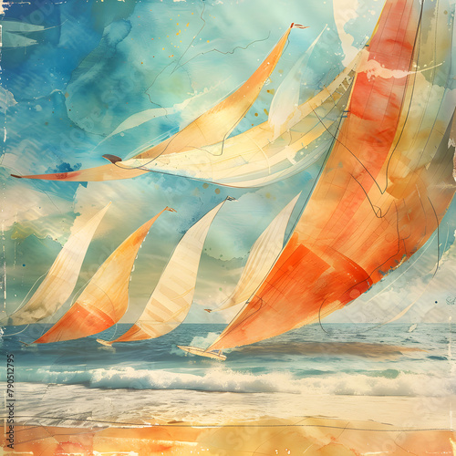 large variety of sail being flown over beach area at ocean, watercolor style, watercolour, watercolor paint Ai generative 