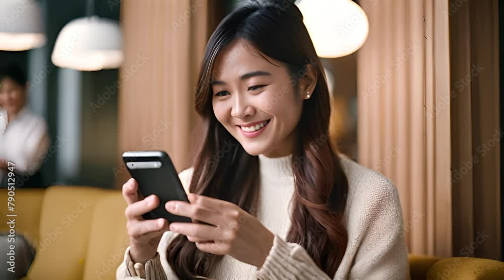 笑顔でスマホを使う女性 笑顔でスマホを使う女性