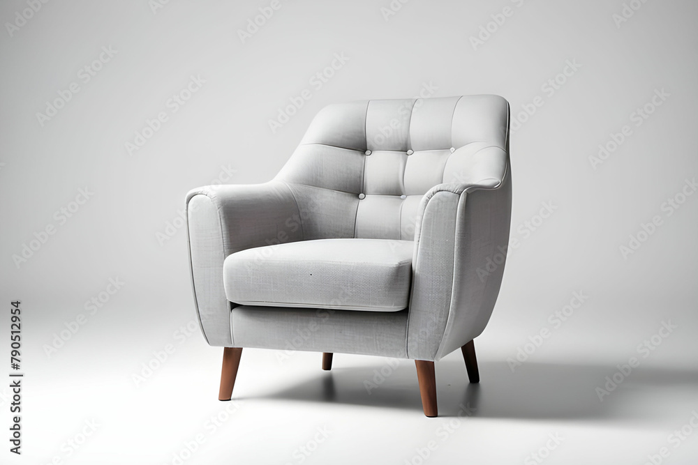 Fototapeta premium Grey color armchair. Modern designer armchair on white background. Textile chair. Series of furniture.