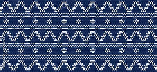 Vector Geometric Knitted Pattern Blue And White, Festive Sweater Design. Seamless Knitted Pattern