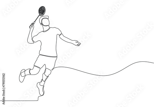 continuous line drawing of badminton player jump and smash the ball.