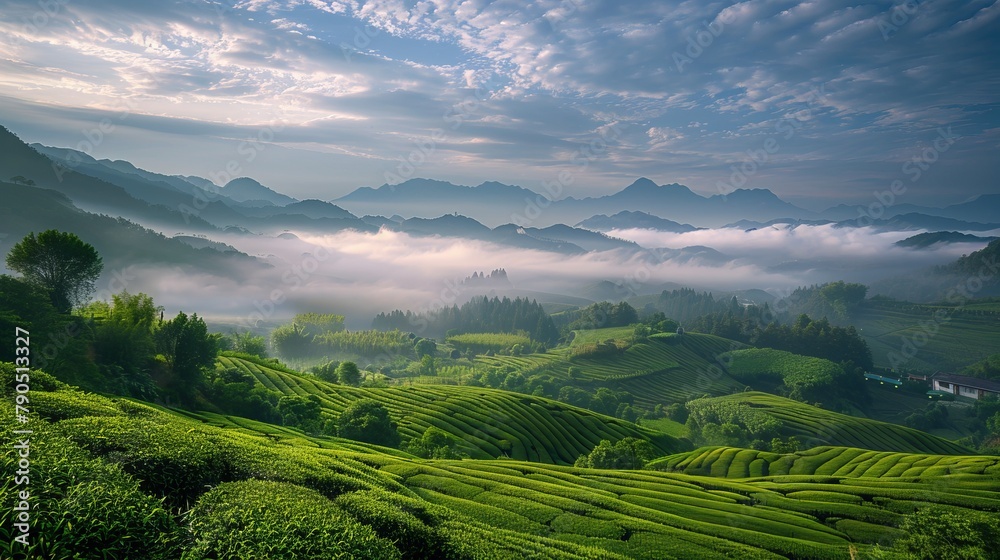 Landscape photography, spring, Wuyi Mountains, China, tea plantations, clouds