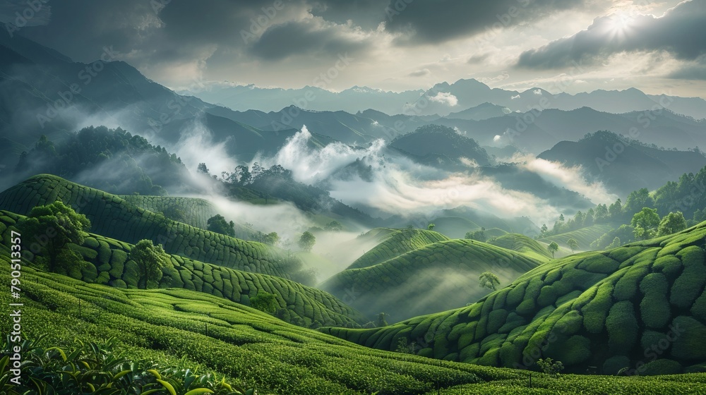 Landscape photography, spring, Wuyi Mountains, China, tea plantations, clouds Landscape photography, spring, Wuyi Mountains, China, tea plantations, clouds