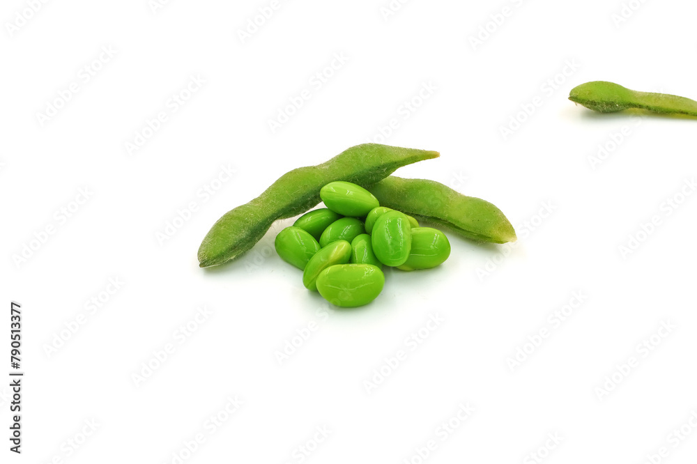 Fresh edamame soybeans and pods isolated on white background. Fresh edamame soybeans and pods isolated on white background.