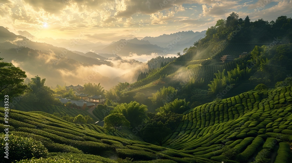 Landscape photography, spring, Wuyi Mountains, China, tea plantations, clouds