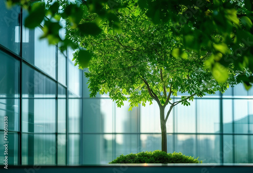 Sustainable green building Eco-friendly building Sustainable glass office building with tree for red