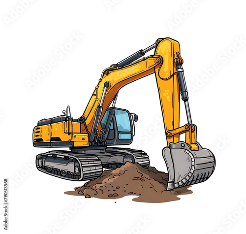 A vibrant vector graphic of a yellow hydraulic excavator with a detailed arm and tracks. Generative AI