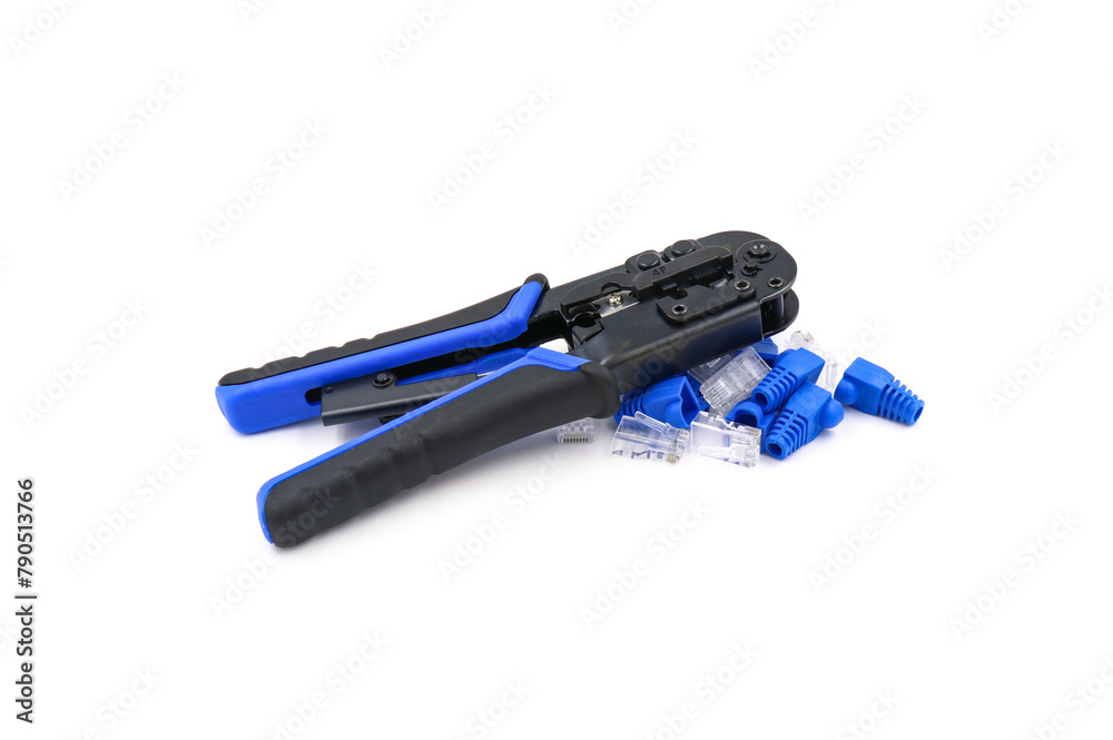 Modular plug crimper for RJ-45, white background, Crimper, Twisting Cable Tool for Crimping RJ 45 LAN cable Modular plug crimper for RJ-45, white background, Crimper, Twisting Cable Tool for Crimping RJ 45 LAN cable