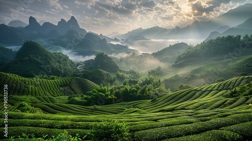 Landscape photography, spring, Wuyi Mountains, China, tea plantations, clouds © Otseira