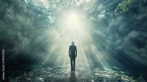 A man standing in a dark forest is looking at a bright light in front of him.
