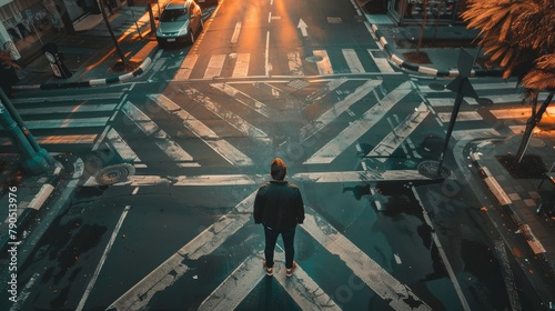 A man standing in the middle of a crosswalk, looking down at the street below. photo