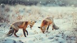 Red Fox Pair Playing in Snow Meadow Vintage.