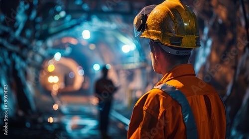 A miner wearing a hard hat and coveralls is working in a dark mine.