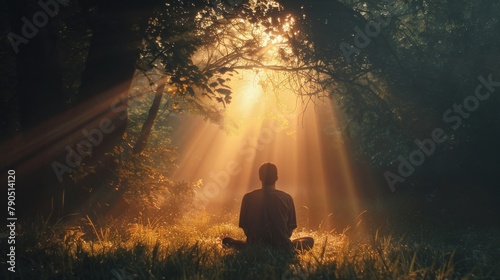 A monk is meditating in the forest photo