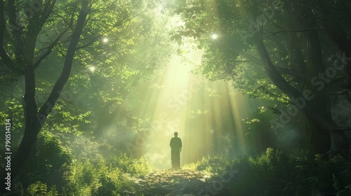 A monk stands in a sunlit forest